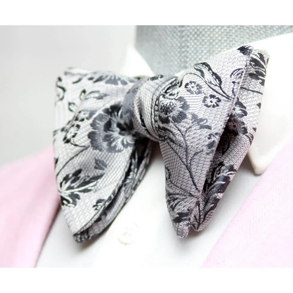 Men's‎ Self-tied Bow Tie 100%Silk Big Butterfly Floral grey S693